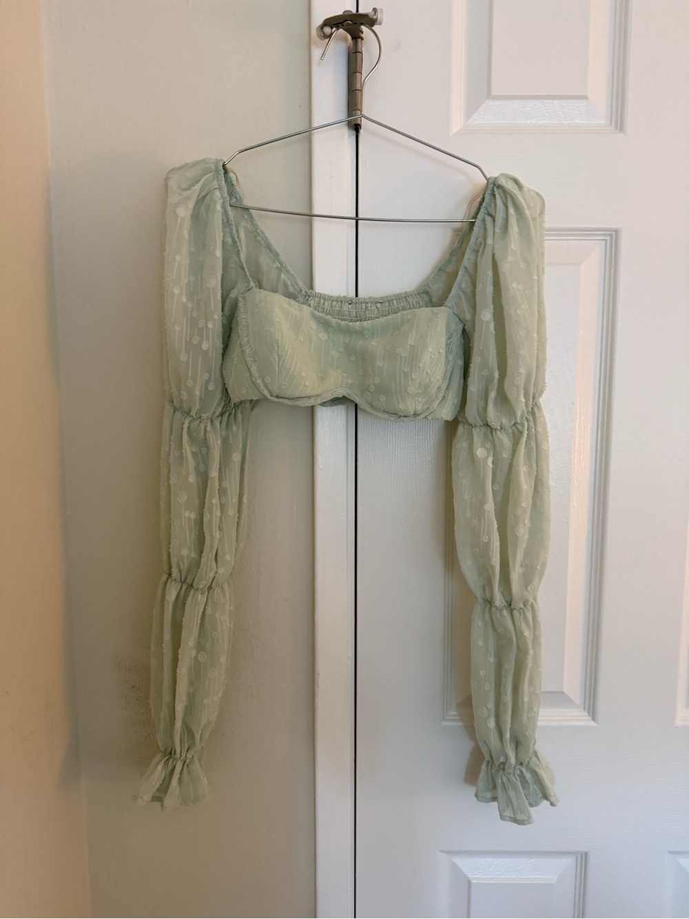 Sheer Puff-Sleeve Crop Top in Mint Green